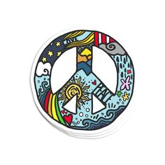 a peace sign painted on top of a white plate with rainbows and stars around it