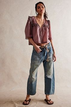 The perfect cool & contemporary addition to any denim drawer from our We The Free collection. **Fit:** Low-slung, slouchy fit with tapered silhouette **Features:** Distressed detailing throughout, paint splatter features, oversized patch pockets, contrast drawstring waist, pull-on style **Why We | We The Free Moxie Pull-On Barrel Jeans at Free People in Light Wash, Size: 28 Barrel Jeans, Boho Jeans, All Jeans, Future Outfit, Blue Fits, Paint Splatter, Bottom Clothes, Jeans Shop, Boho Outfits