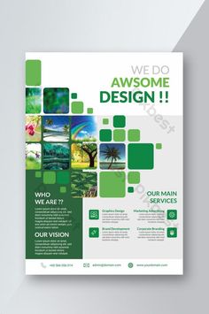 a green and white brochure with squares on the front, an image of palm trees in the background