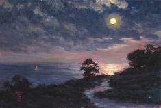 an oil painting of trees and water at night with the moon in the sky above