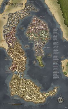 a map of the kingdom of westerosn, with all its locations and towns