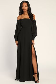 Feel the Romance Black Off-the-Shoulder Maxi Dress Black Tie Gowns, Black Wedding Guest Dresses, Fall Wedding Outfits, Winter Wedding Guest Dress, Black Bridesmaids, Fall Wedding Guest Dress, Balloon Sleeve Dress, Black Bridesmaid Dresses, Bridal Party Dresses