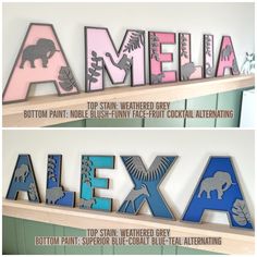 two wooden letters that spell out the name alexa and an elephant on each letter