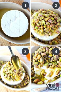 four pictures showing how to make pistachio cheese and nuts in a casserole dish