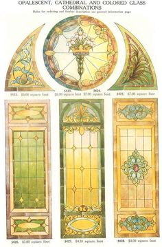 stained glass window designs from the early 1900's, including one with a cross on it