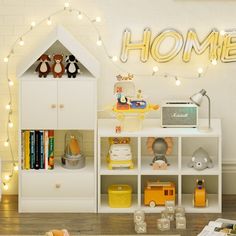 a child's room with toys and lights on the wall, including bookshelves