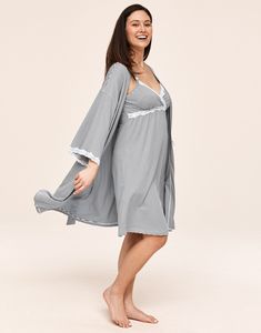 A pretty robe you'll live in before and after baby, this ultra soft kimono robe comes in a classic stripe with sweet lace details. Pair it with our Ashley , or add the matching baby outfit for the perfect shower gift! Kimono sleeves with lace detail Comfy fit for pregnancy and after baby. Knee length Soft Peruvian Cotton Matching Baby Outfits, Gray Kimono, Pretty Robes, Sleeves With Lace, Chic Bra, Matching Baby, Kimono Sleeves, After Baby, Baby Outfit