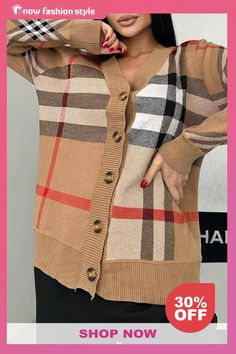 knowfashionstyle Light Brown Street Plaid Print V Neck Long Sleeve Buckle Fall Winter Knitted Cardigan Sweater Loose Dress Pattern, Knitted Cardigan Sweater, Loose Outfit, Brown Plaid, Sweaters Online, Pretty Prints, Selling Products, Cardigan Sweaters For Women, Cardigan Top