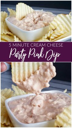 some chips and dip are being held up in the air with text overlay that reads 5 minute cream cheese party pop dip