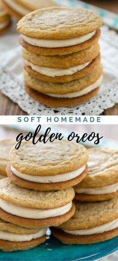 soft homemade golden oreos are stacked on top of each other