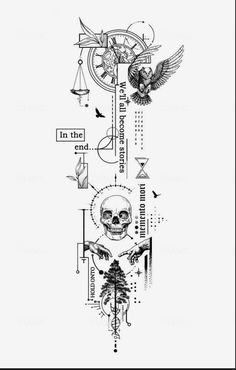 a black and white drawing of a skeleton with an eagle on it's back