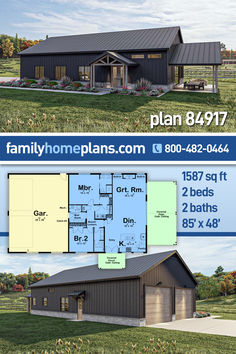 This new barndominium plan is not only efficient, but also affordable. With the plan being 1587 square feet, it is the perfect size for a small family, couple, or even one who wants the additional space without there being too much to deal with. As soon as you walk up to the home, you are greeted with a covered patio and cathedral ceilings. Step inside to see a large space for the kitchen, great room, and dining room, an open floor plan that allows the space to feel much bigger than it is. Southern Style House, Barndominium House, Southern Style House Plans, Craftsman Farmhouse, Duplex Plans, Barndominium Plans, Cathedral Ceilings, Pole Barn House Plans, Barn Style House Plans