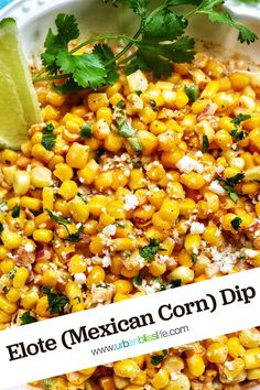 mexican corn dip with cilantro, lime and parsley in a white bowl