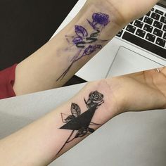 two people with tattoos on their arms, one has a flower and the other has a bird