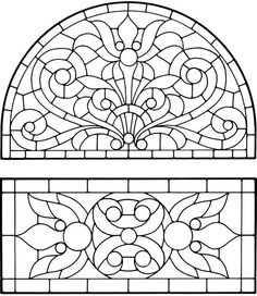 two stained glass windows, one with an ornamental design and the other with floral designs