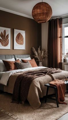 a bedroom with brown walls and two pictures on the wall above the bed, along with an ottoman