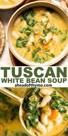 two bowls of tuscann white bean soup with spinach