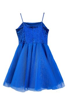 Sparkling sequins light up the bodice of this tulle party dress that'll have your kiddo ready to celebrate the good times. Hidden back-zip closure Adjustable straps 100% polyester Dry clean Made in the USA of imported fabric Tulle Party Dress, Nordstrom Dresses, Quince, Blue Dress, Good Times, Cobalt, Blue Dresses, Light Up, The Good