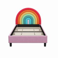 This is a rainbow shaped platform bed. Rainbow shaped headboard. Isabelle & Max™ | Isabelle & Max™ Alharby Platform Bed Upholstered / Velvet in Pink | 37.99" H X 41.32" W X 80.29" L | Wayfair Bright Colored Furniture, Modern Metal Bed, Shaped Headboard, Princess Bed, Custom Headboard, Curved Headboard, Twin Platform Bed, Platform Bed With Storage, Boys Bedding