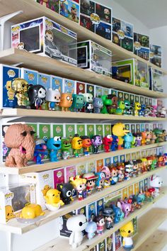 the shelves are filled with many different toys