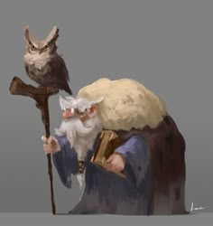 an old man with a beard and owl on his shoulder