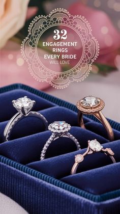 three engagement rings in a velvet box with the words, 32 engagement rings every bride will love