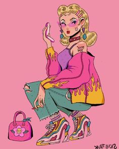 a drawing of a woman sitting on top of a pink bag and holding a cell phone