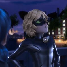 an animated catwoman is looking at another character