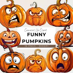 cartoon pumpkins with funny faces and mouths in different poses, including an angry expression