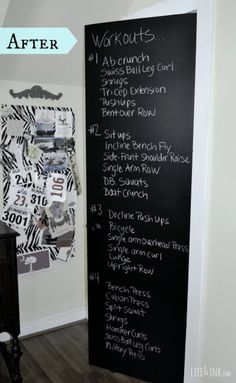 a chalkboard with the words workouts written on it in front of a door