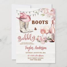 boots and bubbles bridal party card with pink flowers, wine glasses and string lights