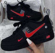 Red Black Custom Air Force 1-shecustomize Neon Nike Shoes, Jordan Shoes Girls, Custom Nike Shoes, All Nike Shoes, Purple Sneakers, Custom Air Force 1, Nike Air Shoes, Zig Ziglar, Cute Nike Shoes