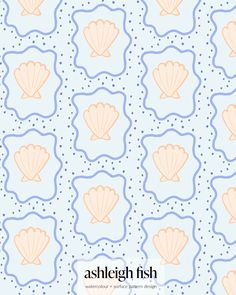 an abstract pattern with pink and blue scallops on a light blue background,