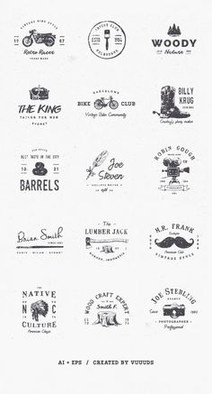 some type of logos that are in different styles and sizes, all on white paper