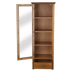 a tall wooden cabinet with a mirror on it's front and side doors open