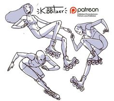 an image of a woman riding on roller skates in different positions and directions to draw