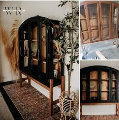 a collage of photos with different types of furniture and plants in the middle one is black, the other has brown trim