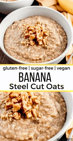 two bowls filled with banana steel cut oats