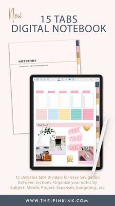 the pink desk calendar is displayed on top of a tablet with an ipad next to it