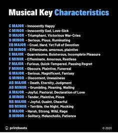 the musical key characteristics are shown in blue and black text on a black background with white lettering