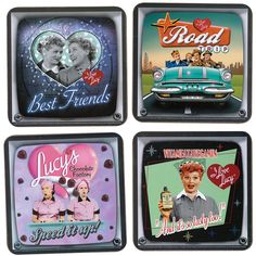 four square coasters with the characters of tv show grease and best friends on them