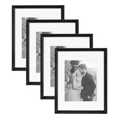 four black and white frames with an image of a couple kissing in front of them