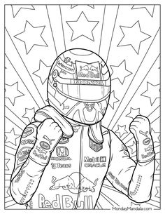 the race car driver coloring page with stars in the background and an image of him holding his fist up