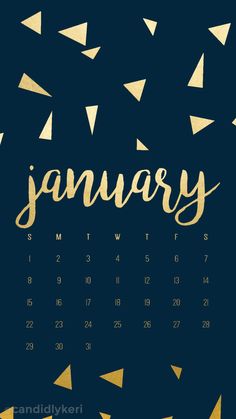 the january calendar with gold foil lettering and confetti on dark blue paper background