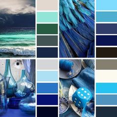 several different shades of blue and green are shown in this collage with the same color scheme