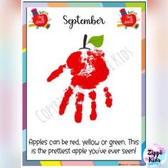 an apple handprint with the words apples can be read, yellow or green this is the prettiest apple you've ever seen