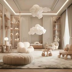 a living room filled with lots of furniture and clouds above the couches on the ceiling