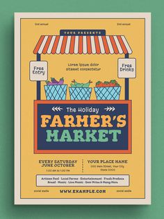 a farmer's market flyer is shown on a green background