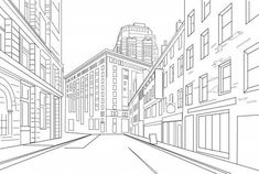 a line drawing of an empty city street