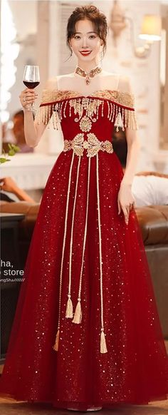 Women's Long Red Qipao Dress Floor Length Embroidered Sparkly | eBay Red Princess Dress Fairytale, Hungarian Dress, Red Chinese Wedding Dress, Red Princess Dress, Chinese New Year Dress, Red And Gold Dress, Red Qipao, Chinese Qipao, Red Princess